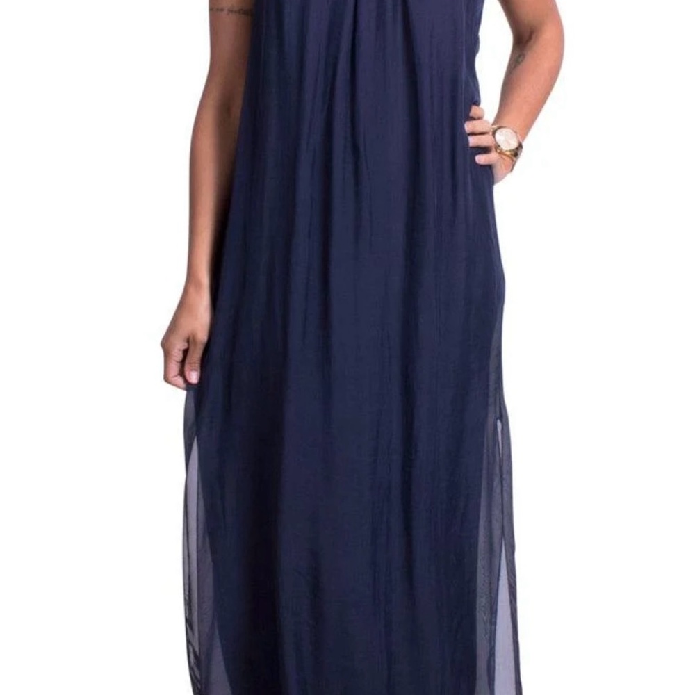 Mahina Navy Silk Sundress Maxi Dress with Spaghetti Straps